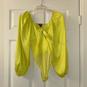 Express Neon Green-ish Yellow Satin Jacquard Balloon Sleeve Bodysuit!